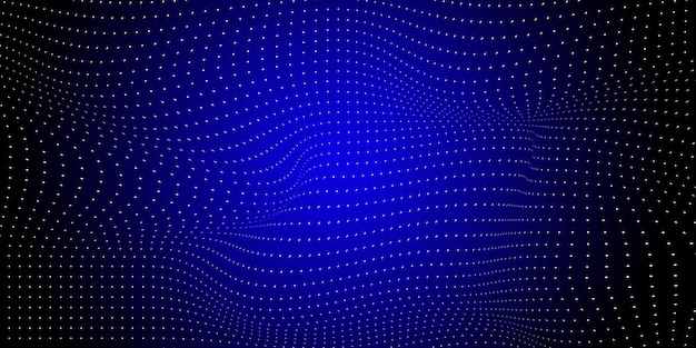 Photo backdrop design dark blue mesh wave pattern and moving dots on a dark and glowing background