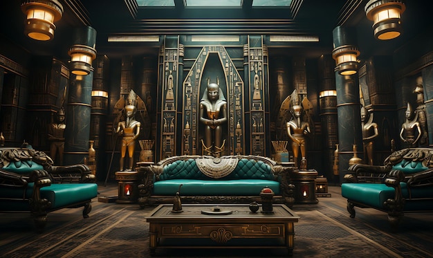 Фон комнаты египетского фараона, иероглифическая настенная живопись, статуя сфинкса Go for Content Creator Stream