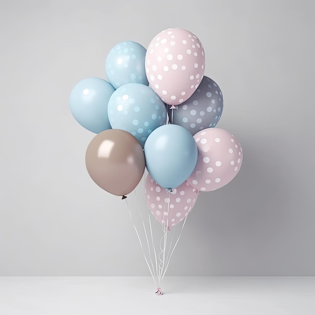 Backdrop featuring blue pink polka dotted balloons with grey styled in light sky blue and gentle bronze tones Generative AI