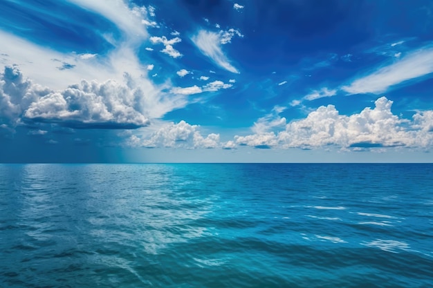 背景は白い雲と海の波と青い空で構成されています。