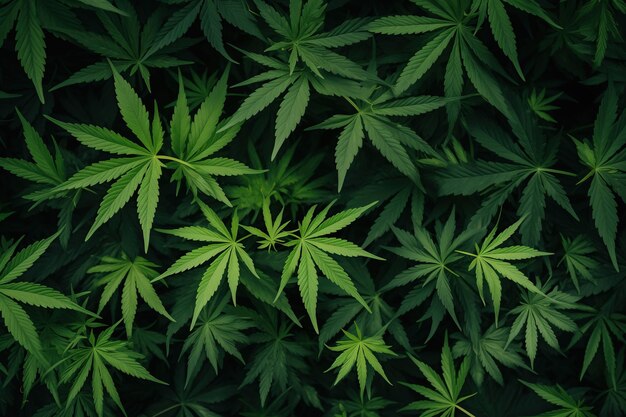 A backdrop of large cannabis leaves arranged in a chaotic pattern