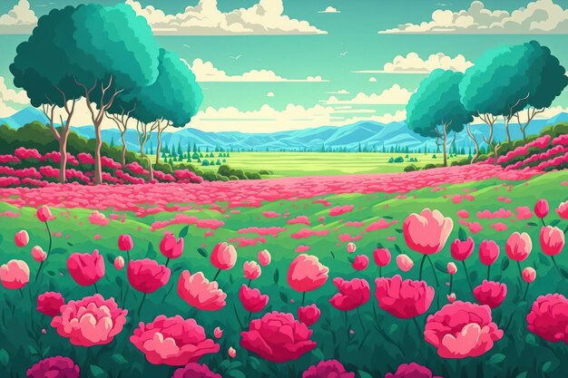 A backdrop of natural beauty featuring a springtime rose flower field scene