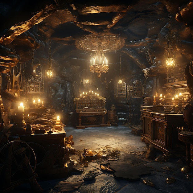Backdrop of Pirate Treasure Cave Room Pirate Ship Wheel Treasure Chests for Content Creator Stream