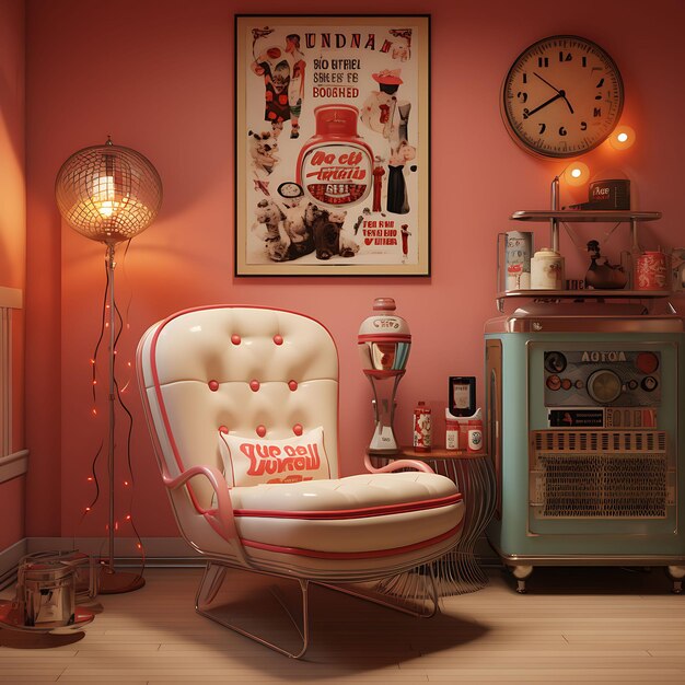 Photo backdrop of retro pin up room pin up posters vintage inspired furniture for content creator stream