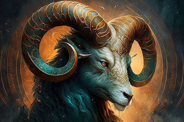 Backdrop of sacred zodiac Aries symbols astrology alchemy magic sorcery and fortune telling generative AI digital painting Zodiac sign Aries on the starry sky close up