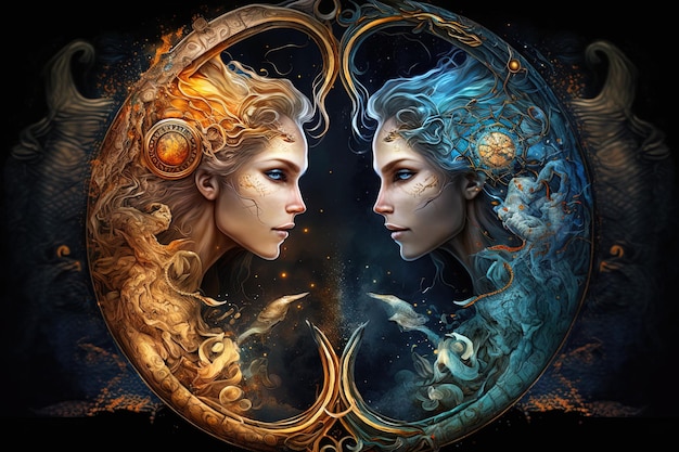 Backdrop of sacred zodiac Gemini symbols astrology alchemy magic sorcery and fortune telling generative AI digital painting Zodiac sign Gemini on the starry sky close up