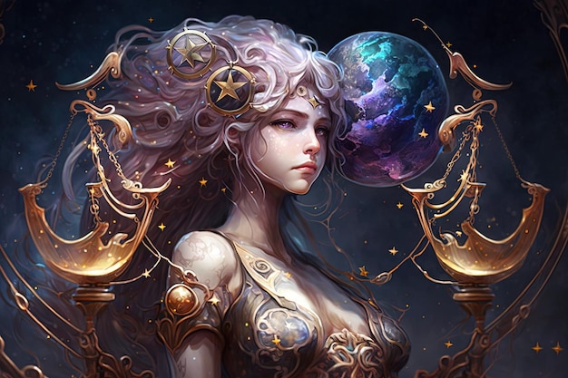 Backdrop of sacred zodiac Libra symbols astrology alchemy magic sorcery and fortune telling generative AI digital painting Zodiac sign Libra on the starry sky close up