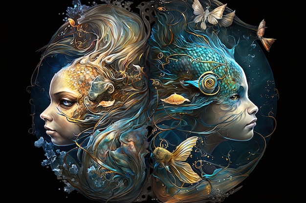 Backdrop of sacred zodiac Pisces symbols astrology alchemy magic sorcery and fortune telling generative AI digital painting Zodiac sign Pisces on the starry sky close up