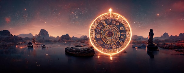 Backdrop of sacred zodiac symbols astrology alchemy magic sorcery and fortune telling AIgenerated digital painting