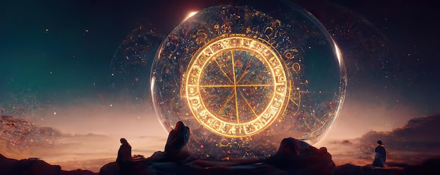 Backdrop of sacred zodiac symbols astrology alchemy magic sorcery and fortune telling AIgenerated digital painting