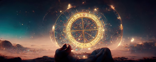 Backdrop of sacred zodiac symbols astrology alchemy magic sorcery and fortune telling AIgenerated digital painting