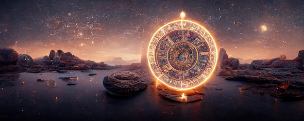 Backdrop of sacred zodiac symbols astrology alchemy magic sorcery and fortune telling AIgenerated digital painting