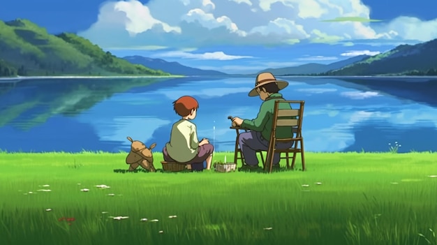 Backdrop style reminiscent of ghibli studio