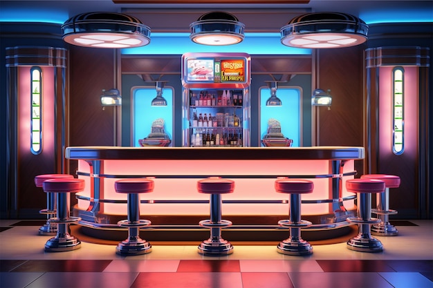 Backdrop summer event bar club style Retro diner interior with a tile floor neon illumination jukebo