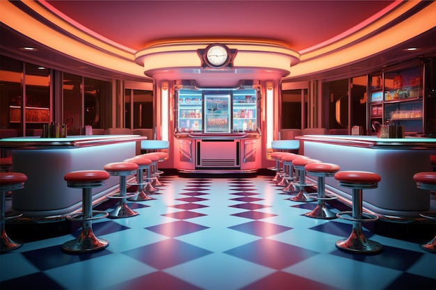 Backdrop summer event bar club style Retro diner interior with a tile floor neon illumination jukebo