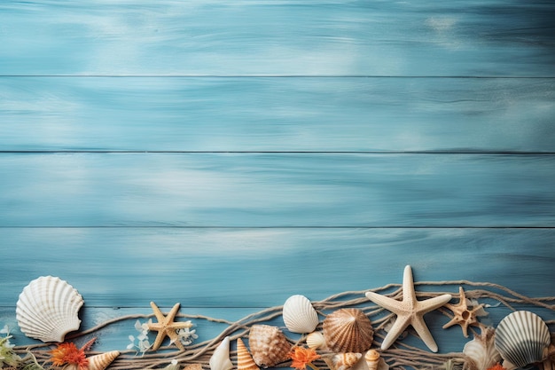 풍화된 푸른 나무 테이블 위에 해변 필수품이 준비되어 있는 여름 휴가의 배경