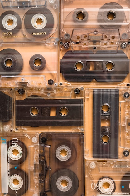 Photo backdrop of transparent audio cassette tapes