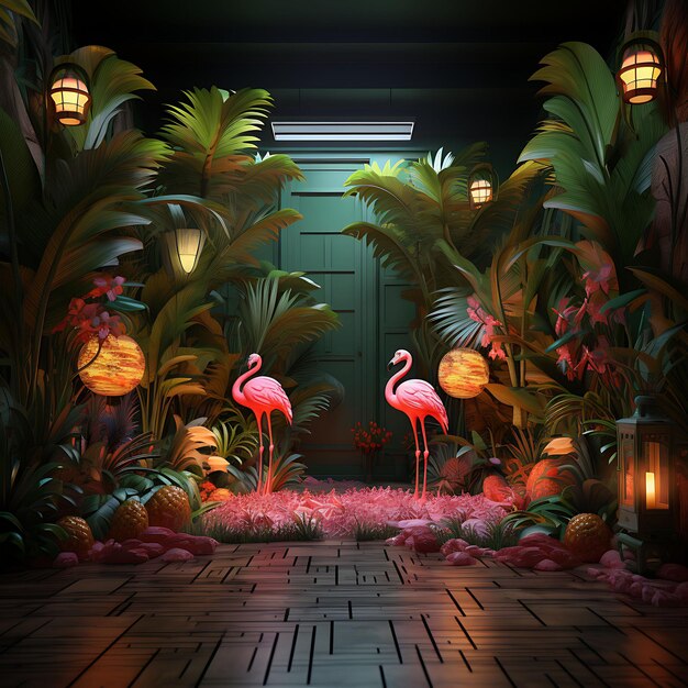 Backdrop of Tropical Paradise Backdrop Palm Leaves Pineapple Flamingo Vi for Content Creator Stream