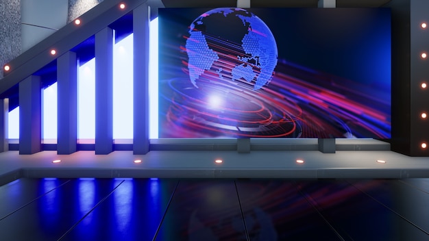 TV의 배경은 Wall3D 가상 뉴스 스튜디오 배경 3d 렌더링에 TV를 보여줍니다.