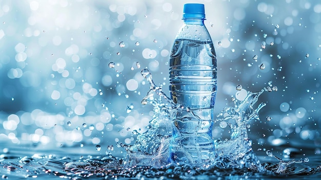 水のスプラッシュと使い捨て水ボトルを背景にした ジェネレーティブ・AI