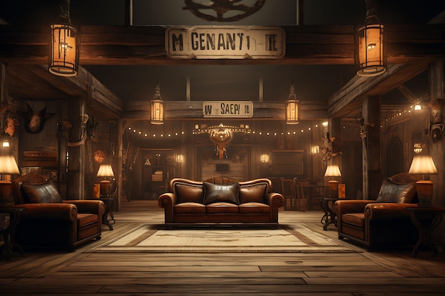 Backdrop of Wild West Saloon Room Saloon Doors Cowboy Hat Wanted Posters for Content Creator Stream