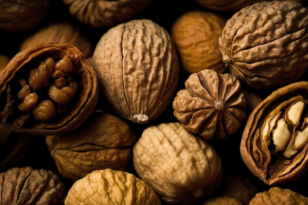 Backdrop with unpeeled walnuts in full frame