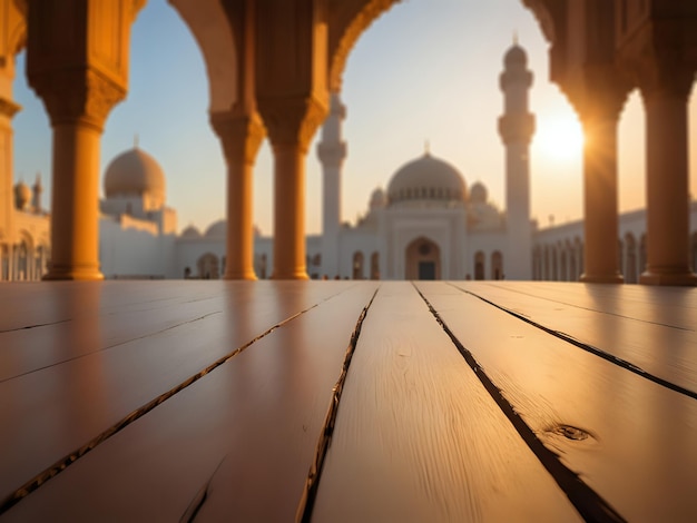 A backdrop of Wooden floor with a serene mosque in the background Islamic images Copy Space