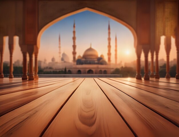 A backdrop of Wooden floor with a serene mosque in the background Islamic images Copy Space