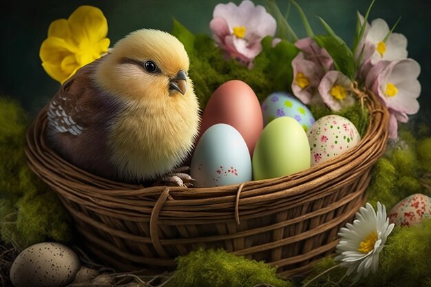 Backet with colorful easter eggs and little chick