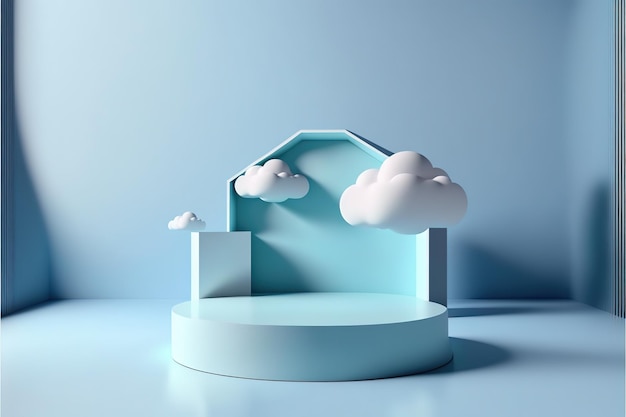 Background 3d blue rendering with podium and minimal cloud\
scene minimal product display background