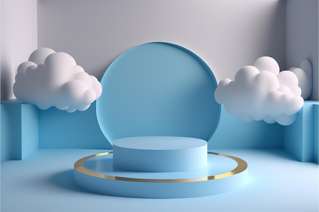 Background 3d blue rendering with podium and minimal cloud scene minimal product