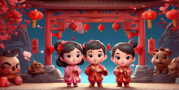 背景の伝統的な中国の服を着た 3 d の男の子と女の子のキャラクター、幸せな中国の新年