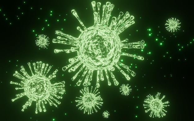 배경 3D 렌더링 녹색 COVID-19 세포입니다. 코로나바이러스 또는 COVID-19 질병 세포가 인플루엔자 독감 변종 전염병 의료를 발생시킵니다. 코로나바이러스 전염병 바이러스 발병 개념을 닫습니다.