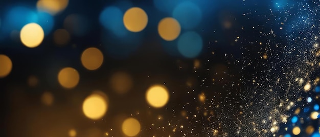 background of abstract glitter lights blue gold and black de focused banner