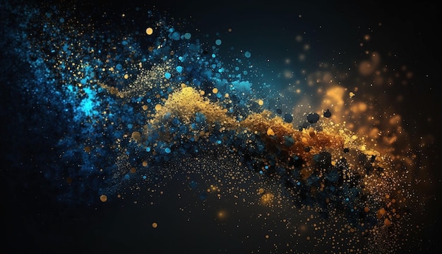 Background of abstract glitter lights blue gold and black de focused