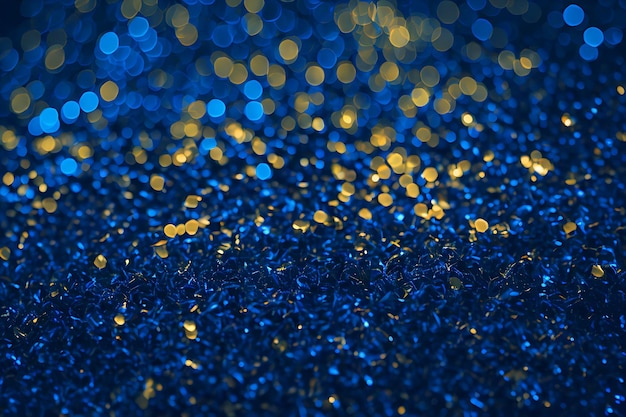 background of abstract glitter lights blue gold and black defocused banner