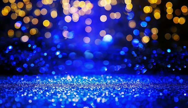 background of abstract glitter lights gold blue and black de focused