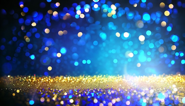 background of abstract glitter lights gold blue and black de focused