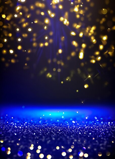 Background of abstract glitter lights gold blue and black de focused