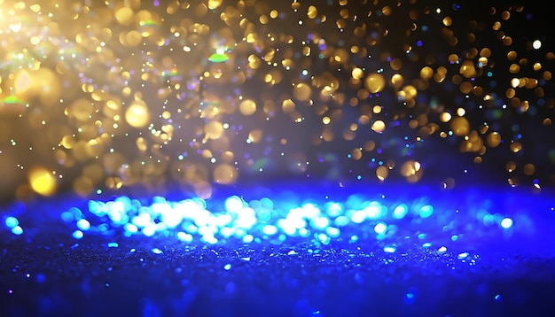 background of abstract glitter lights gold blue and black de focused