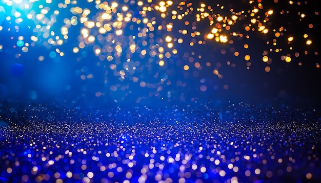 Background of abstract glitter lights gold blue and black de focused