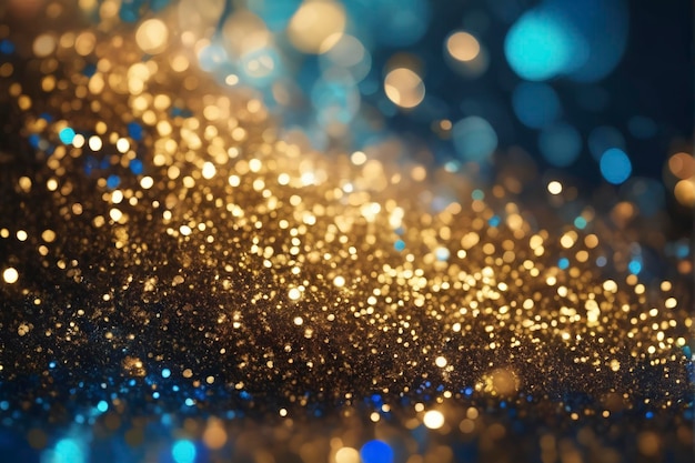 background of abstract glitter lights gold blue and black de focused