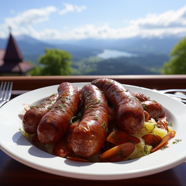 広告の背景 肉の美味しさ 皿に焼いたまたは調理したソーセージ 写真48