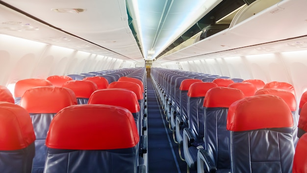 Background of airplane row empty seats onboard