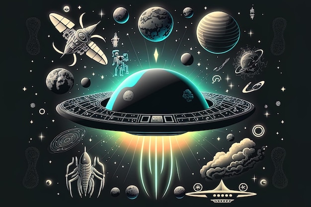 Background of an alien ufo with realistic drawing of space travel symbols