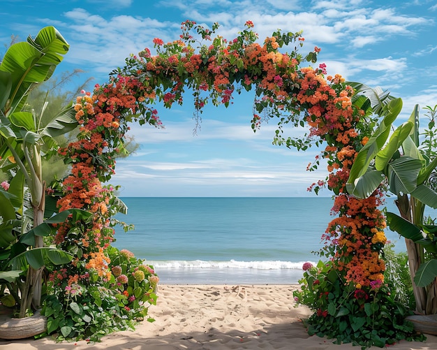 the background of an arched flower frame on the beautiful beach