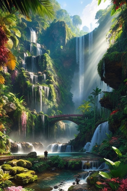фон и вокруг джунгли и водопад динамическое освещение портрет DDIM WLOP нереальный движок