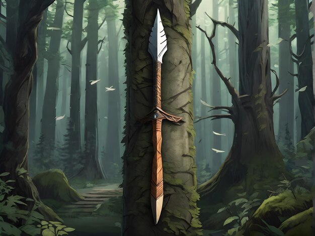 Background of arrows hanging on a tree and arrows falling to the ground in the forest