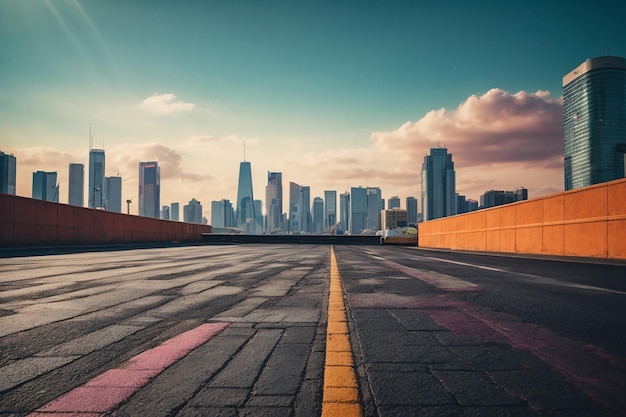 Photo background of asphalt pavement and urban architectural landscape skyline