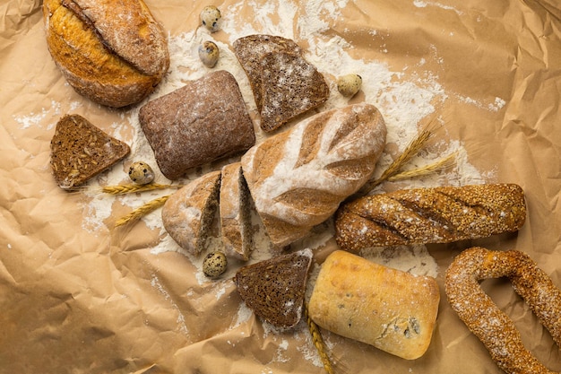 Background assortment of bakery products gluten free rye